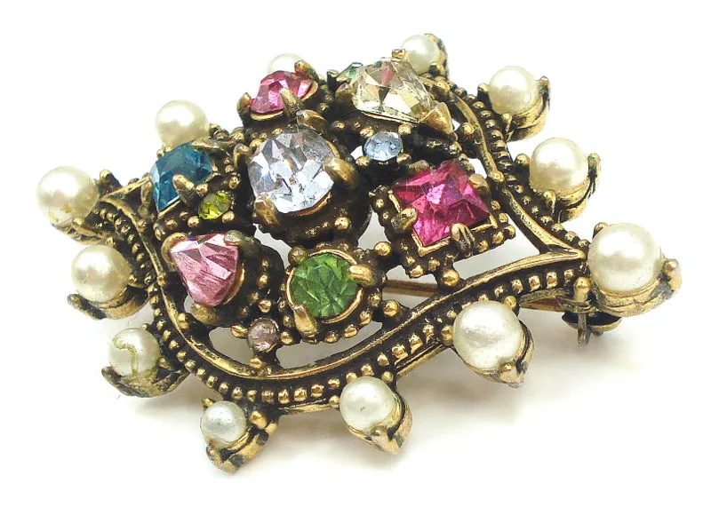 1951 Hollycraft Pin Brooch 1 3/4" Pastel Rhinestones Faux Pearls