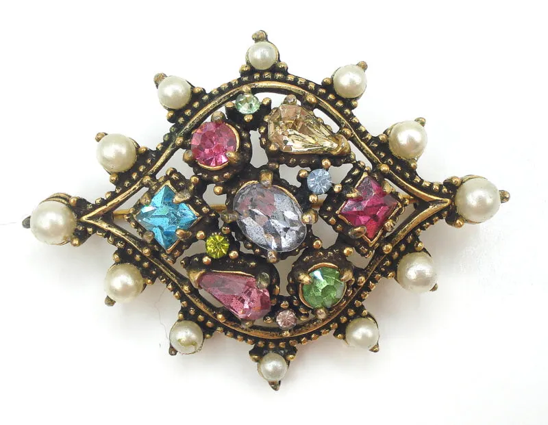 1951 Hollycraft Pin Brooch 1 3/4" Pastel Rhinestones Faux Pearls