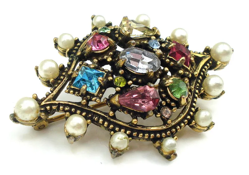 1951 Hollycraft Pin Brooch 1 3/4" Pastel Rhinestones Faux Pearls