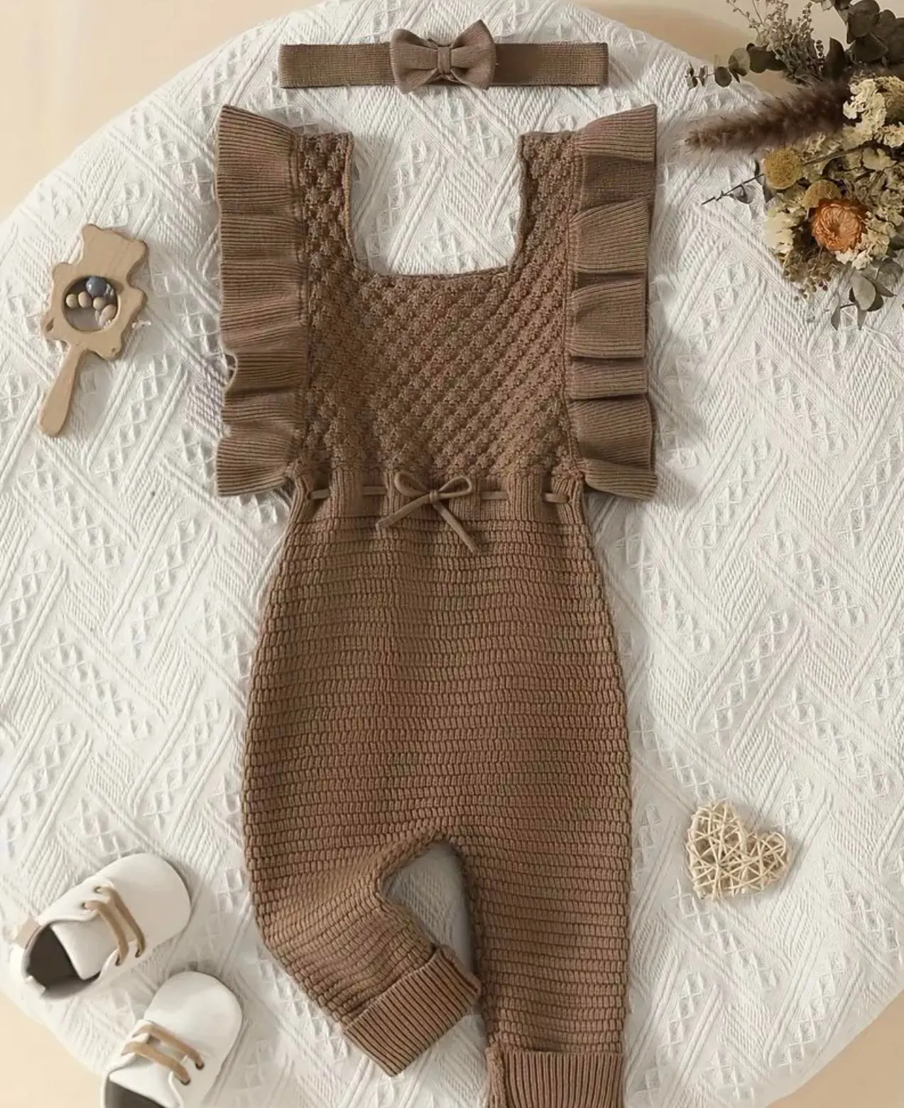 Chocolate Ruffle Knit Jumpsuit with Headband