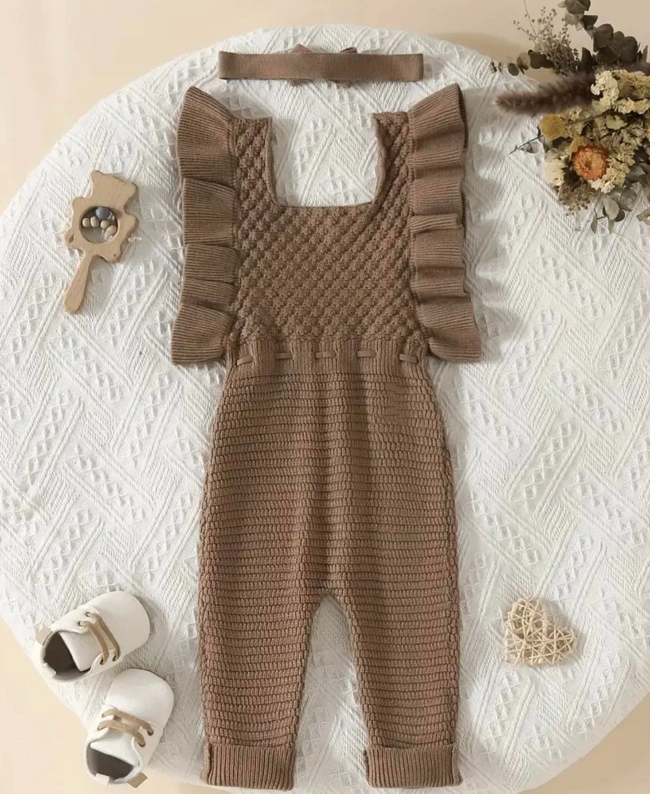 Chocolate Ruffle Knit Jumpsuit with Headband