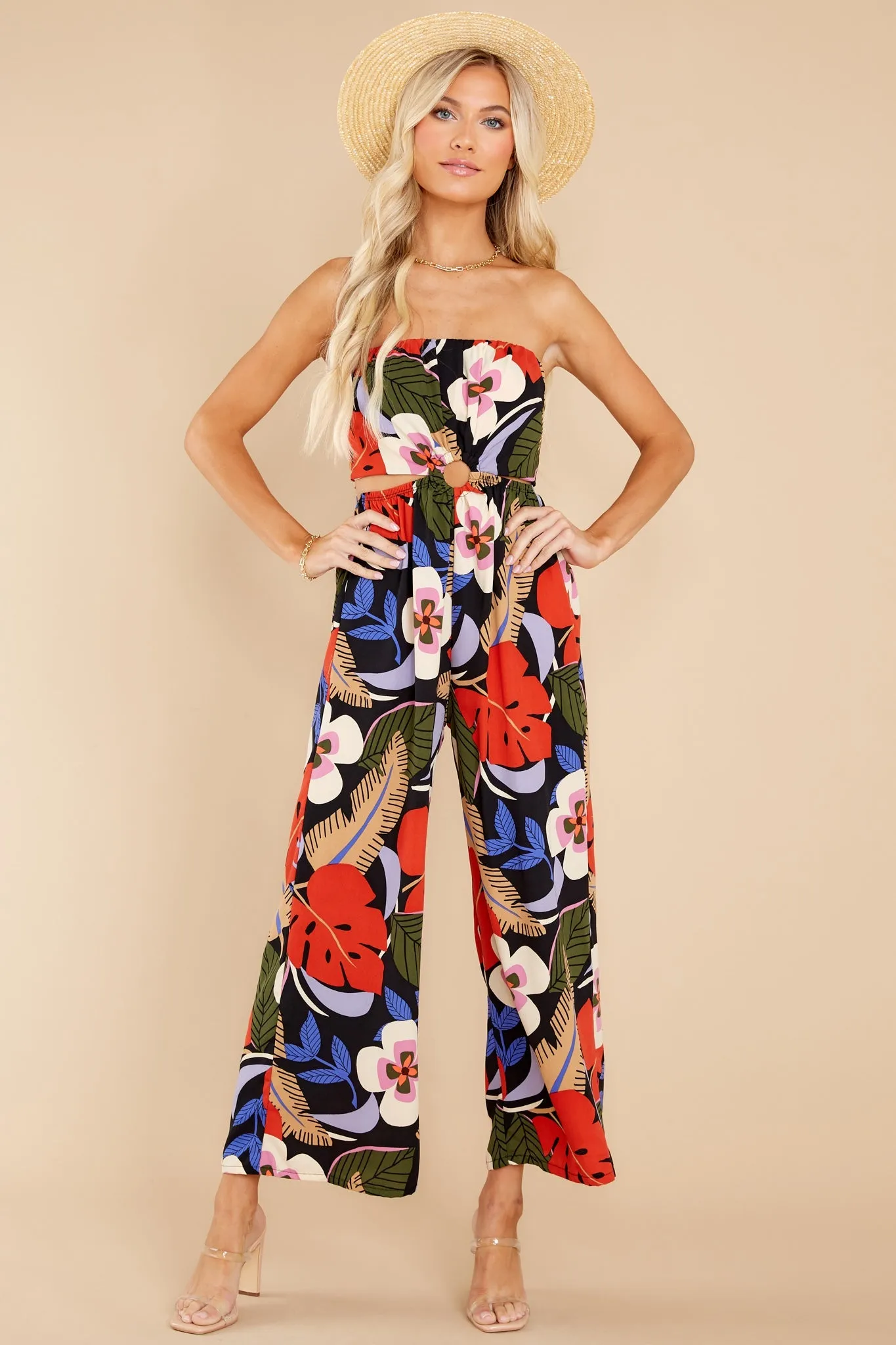 Extraordinary Feeling Black Multi Tropical Print Jumpsuit