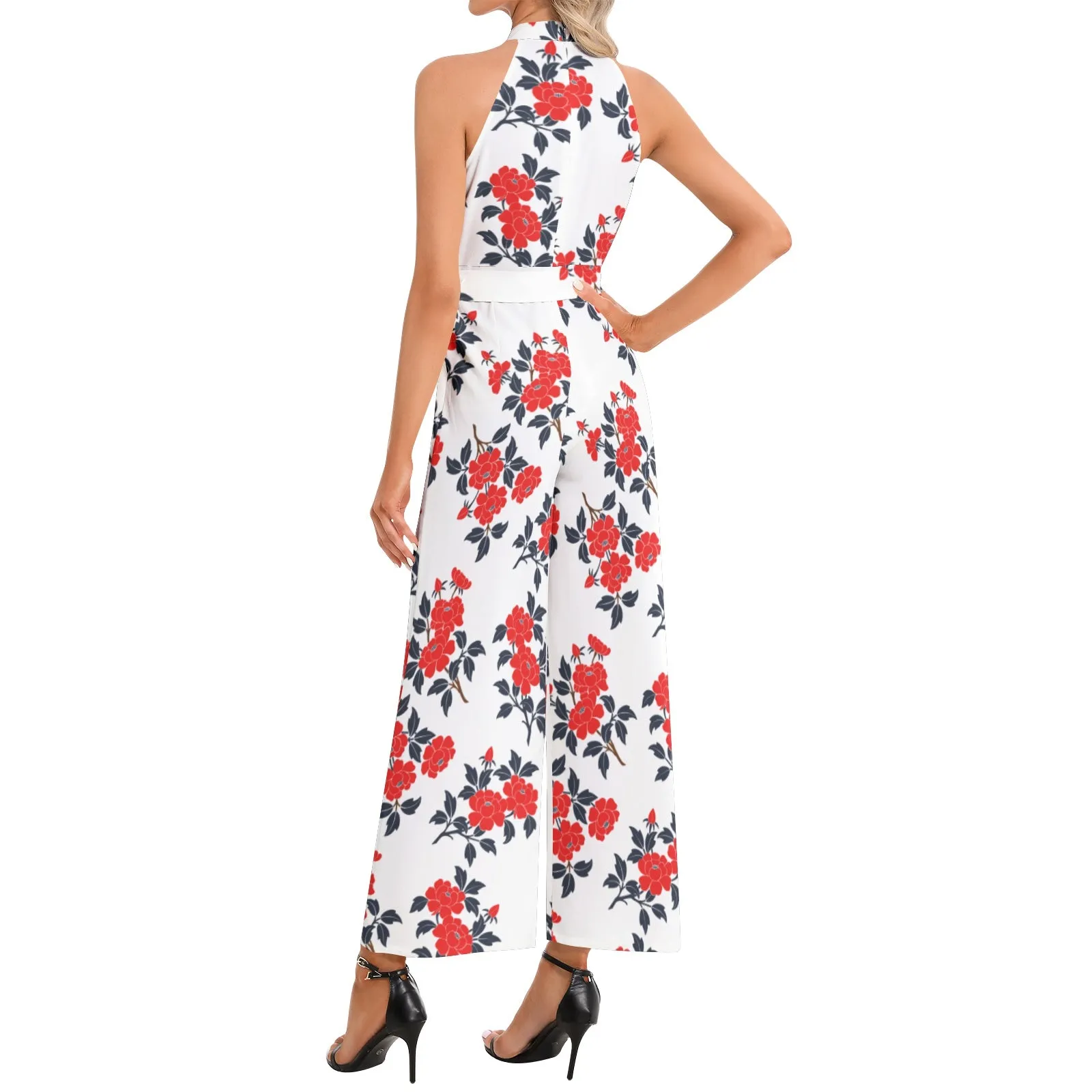 Floral Abstract Halter Neck Buckle Belted Jumpsuit