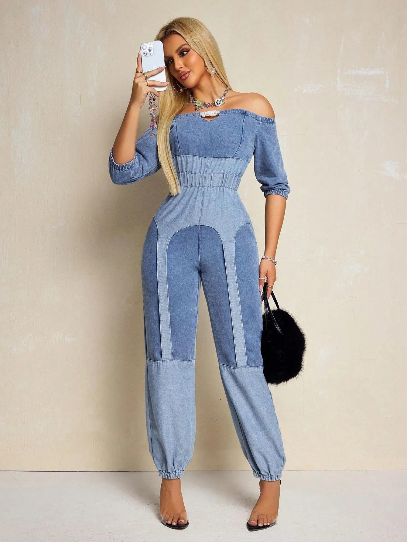 Half Sleeve Waist-Cinching Denim Jumpsuit