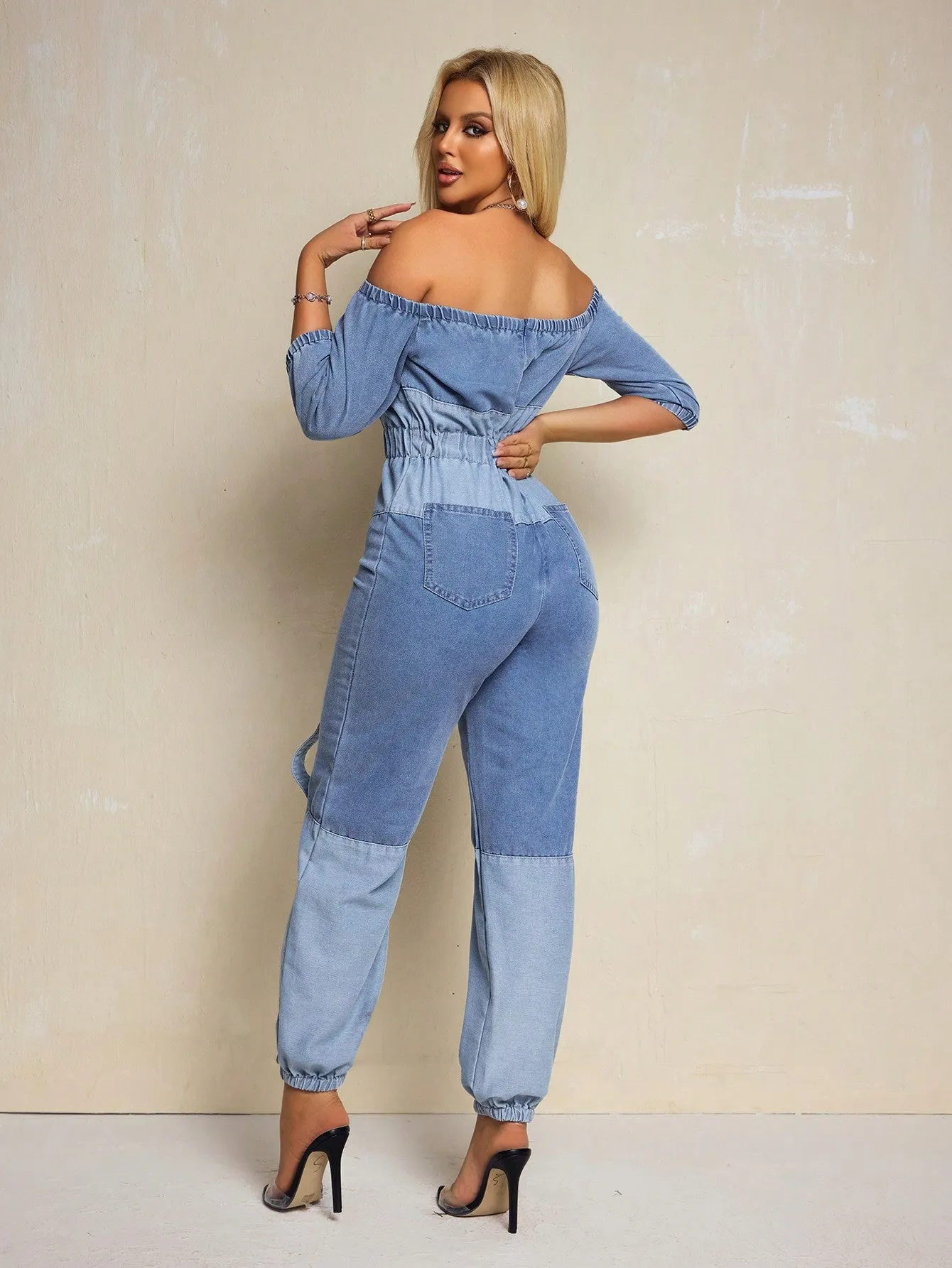 Half Sleeve Waist-Cinching Denim Jumpsuit