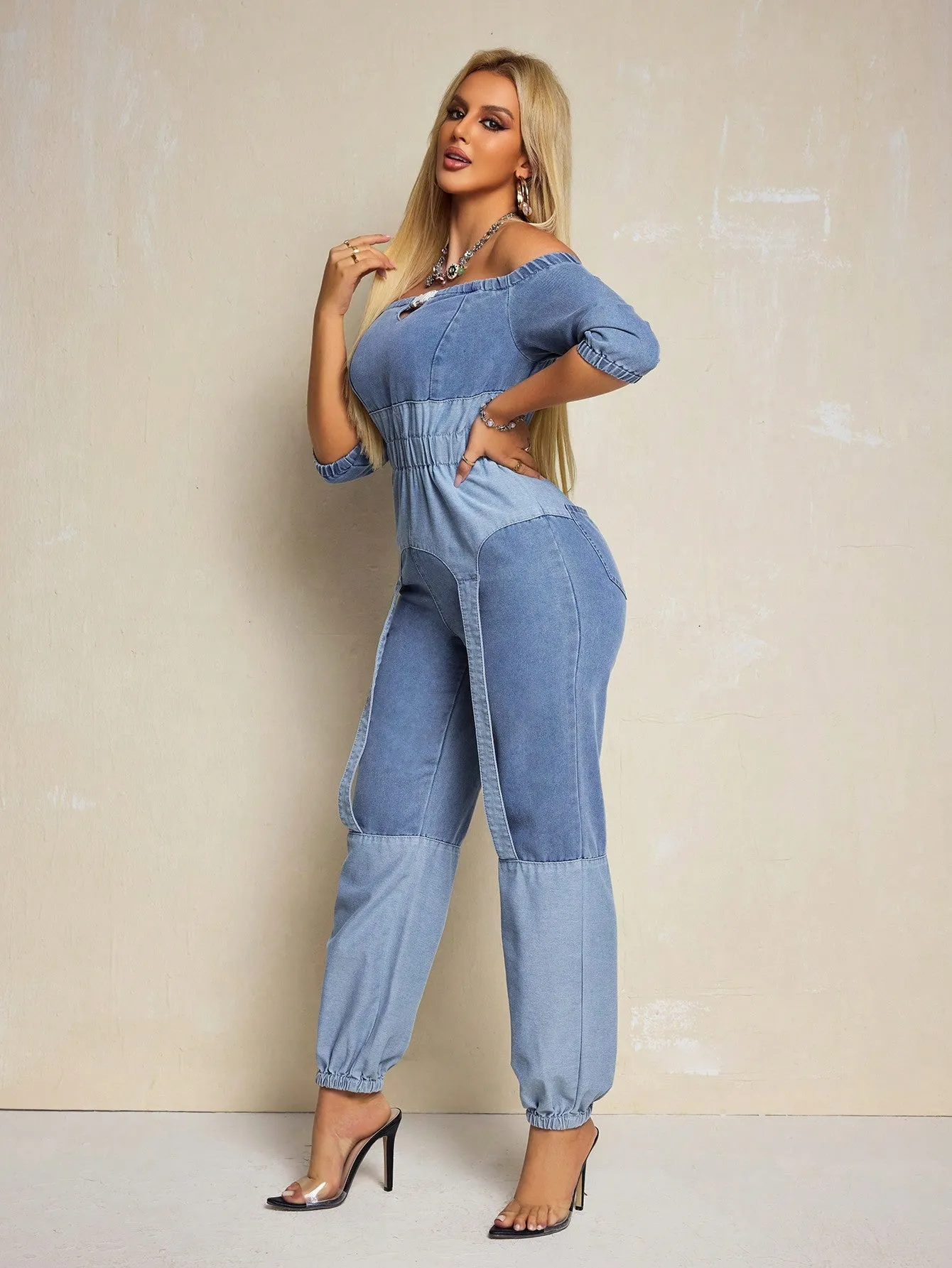 Half Sleeve Waist-Cinching Denim Jumpsuit