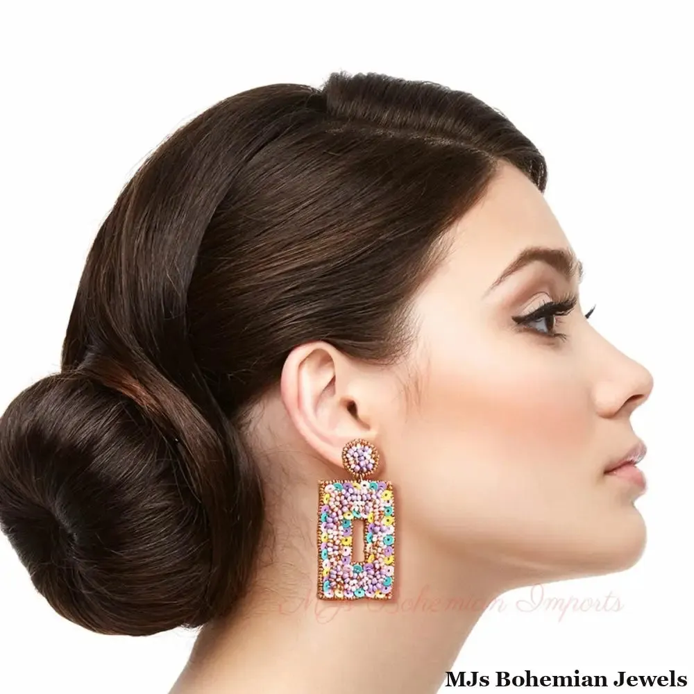 Pastel Beaded Rectangle Earrings