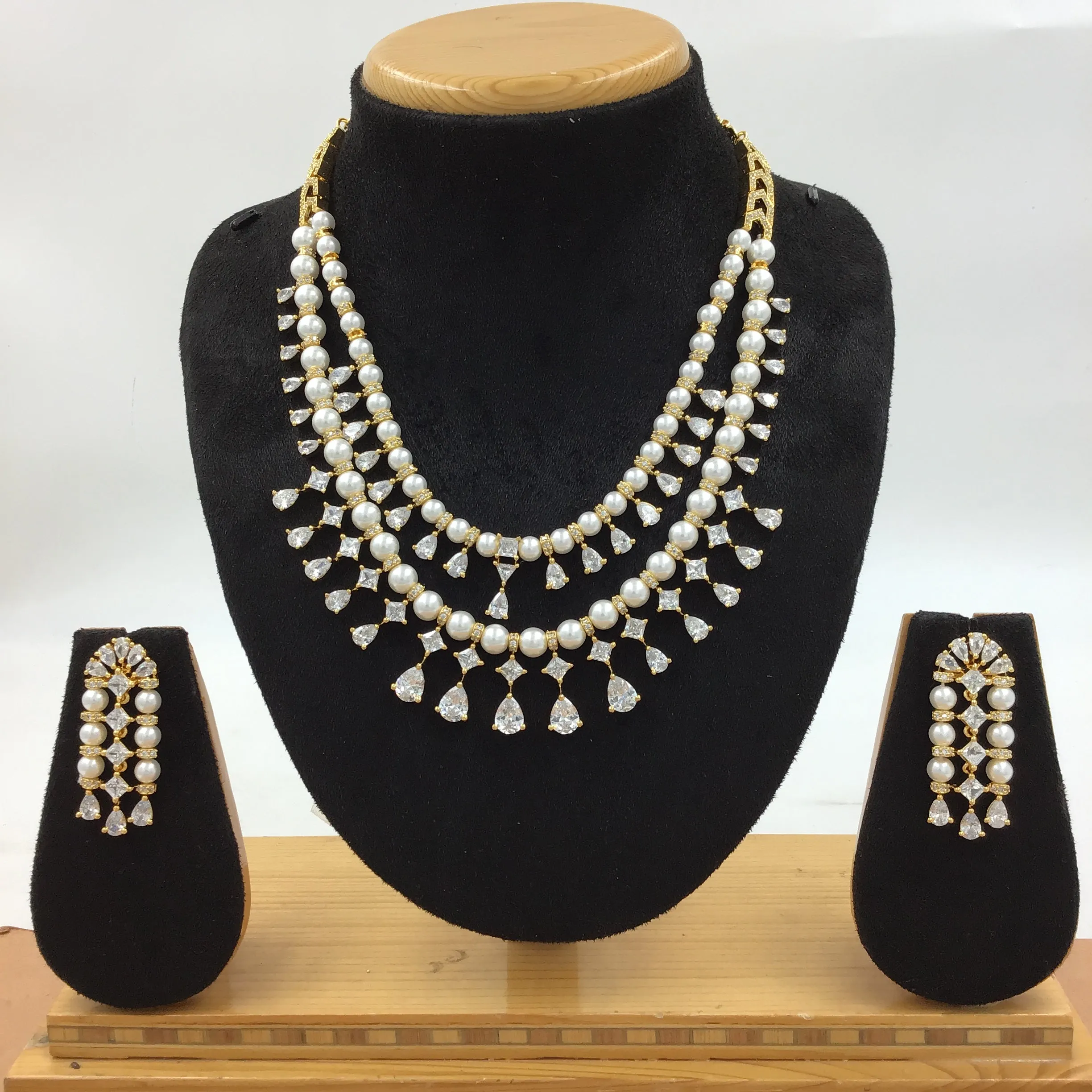 Round Neck Double Line Layered Zircon/AD Necklace Set 16561-69