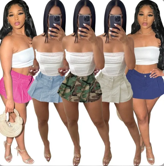 Sexy Pleated Denim Mini Culottes