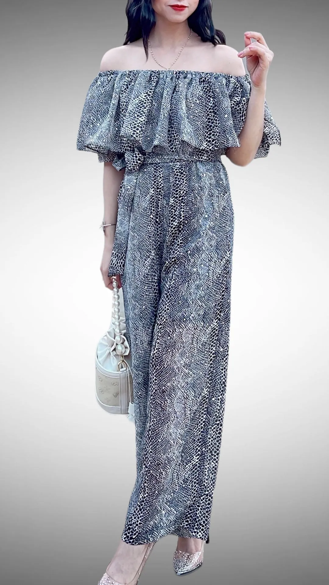 Sparkle Off Shoulder Snake Print Jumpsuit