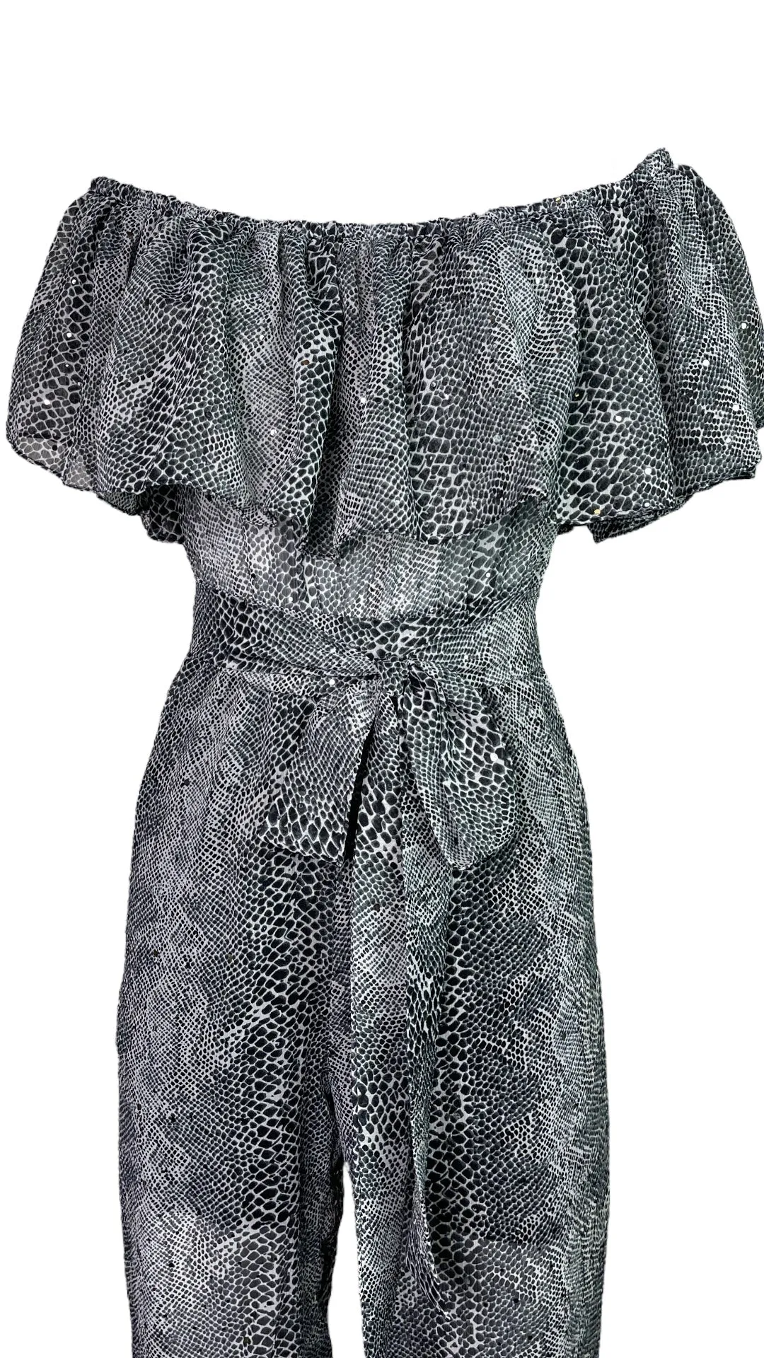 Sparkle Off Shoulder Snake Print Jumpsuit