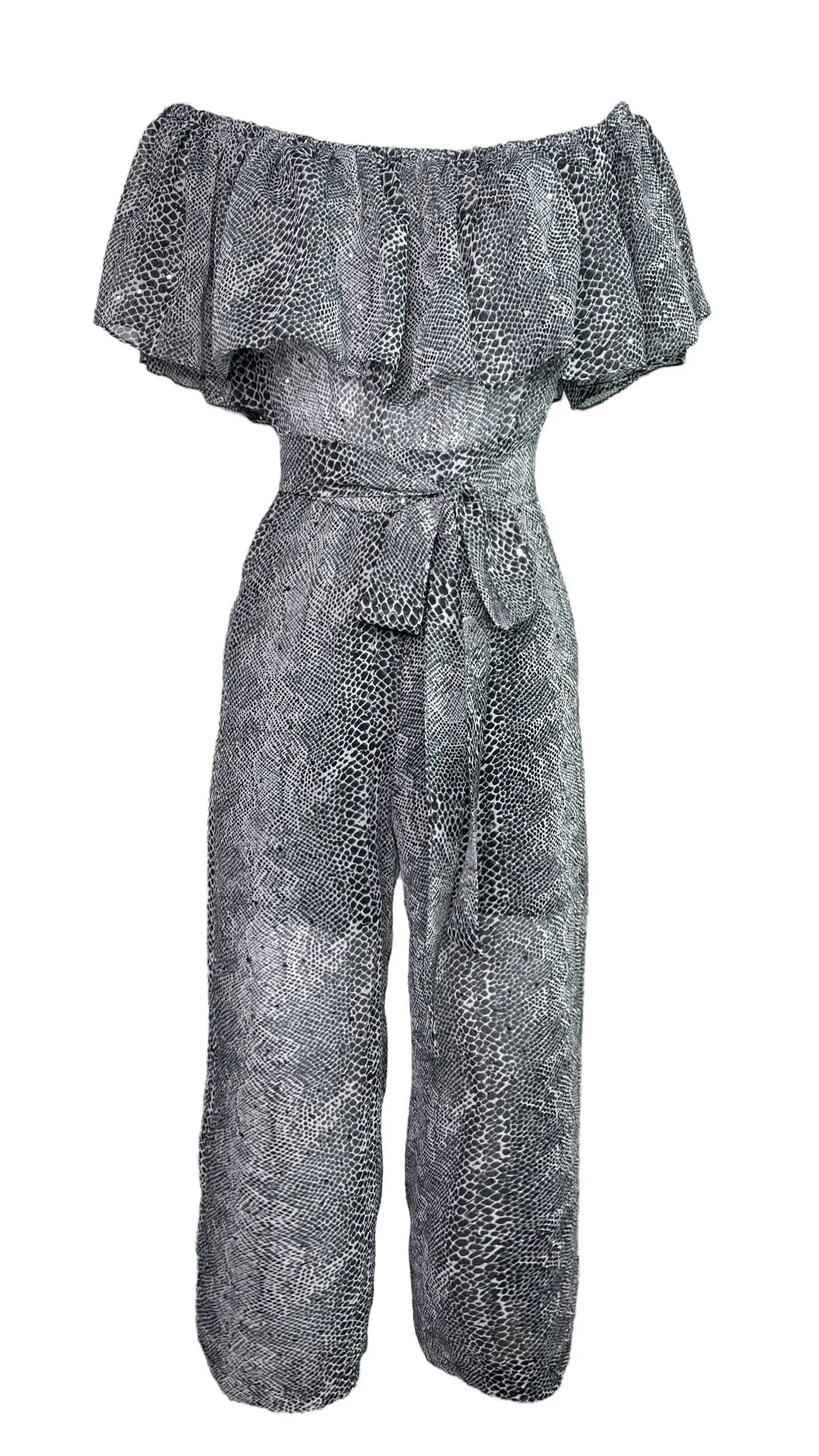 Sparkle Off Shoulder Snake Print Jumpsuit