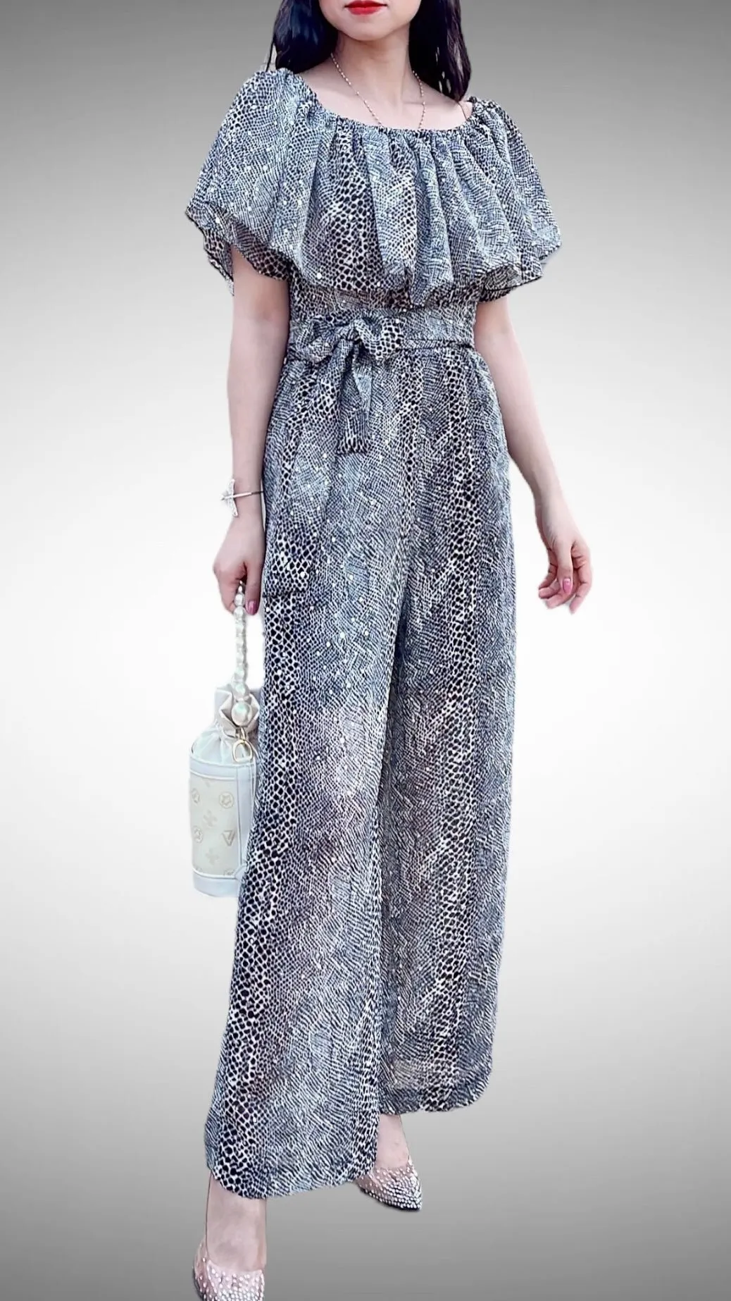 Sparkle Off Shoulder Snake Print Jumpsuit