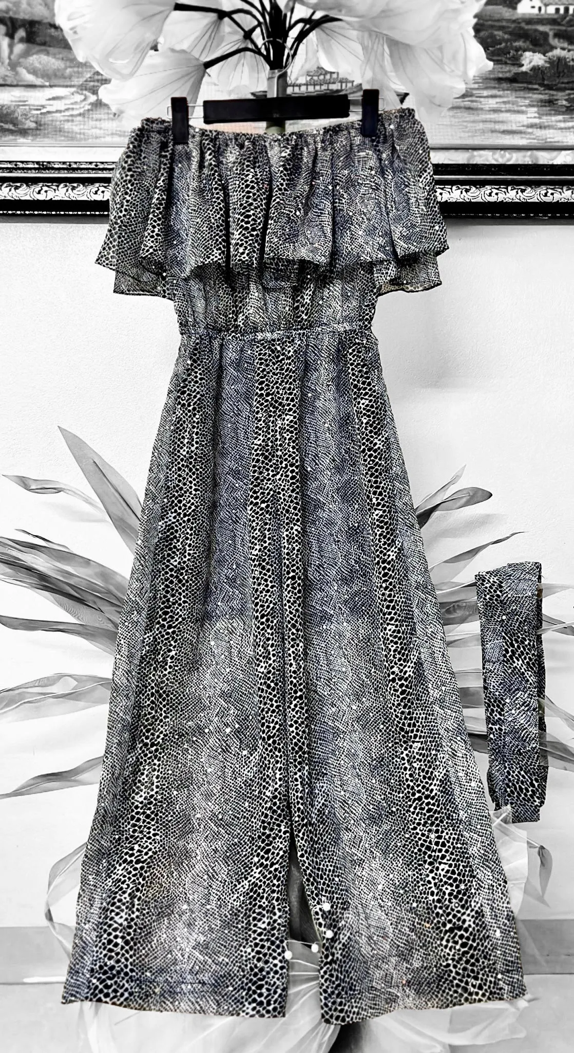 Sparkle Off Shoulder Snake Print Jumpsuit