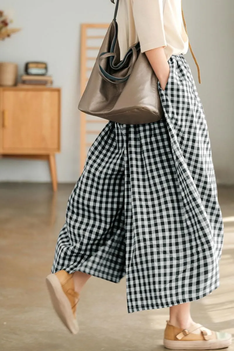 Women's Cotton Elastic Waist Plaid Palazzo Pants 548559 L
