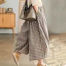 Women's Cotton Elastic Waist Plaid Palazzo Pants 548559 L