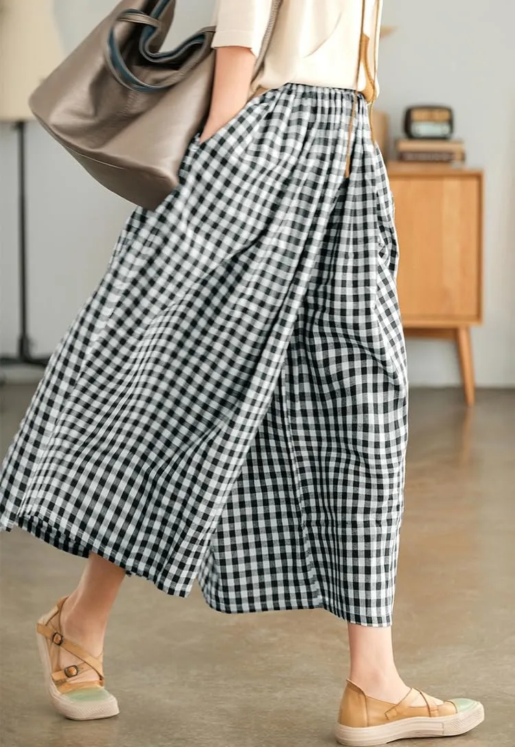 Women's Cotton Elastic Waist Plaid Palazzo Pants 548559 L